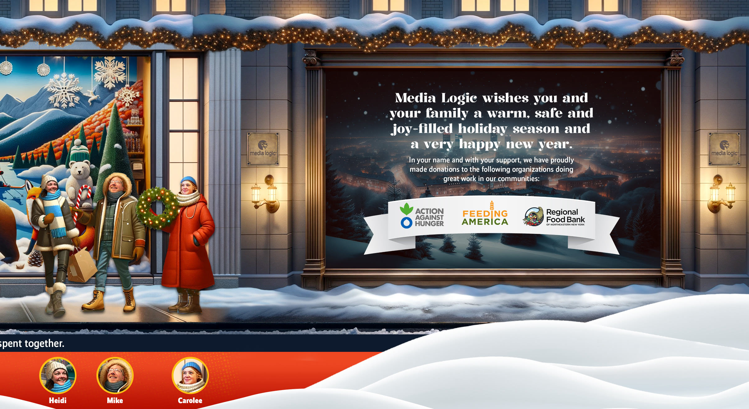 Illustrated, holiday-themed street scene featuring Media Logic employees