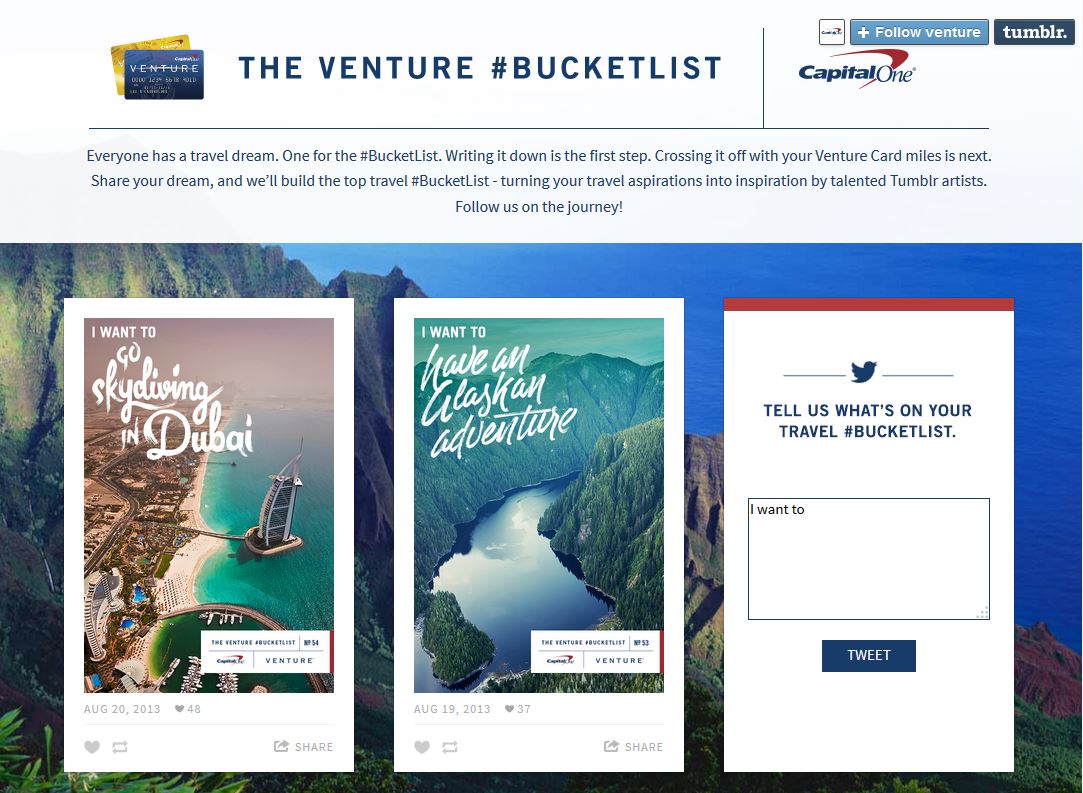 capital one promotes travel rewards for venture card with bucketlist tumblr