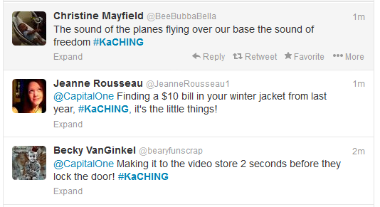 KaCHING tweets from consumers for Capital One's social promotion for new rewards card