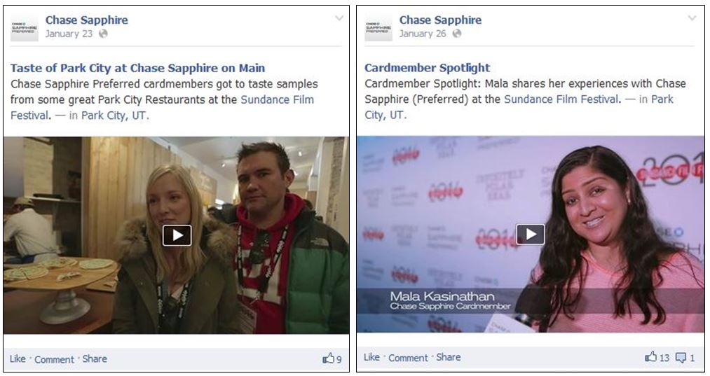 Chase Sapphire Preferred Facebook posts share customer experiences via video