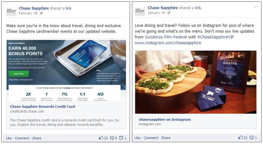 Chase Sapphire Preferred Facebook posts drive traffic to other digital and social platforms