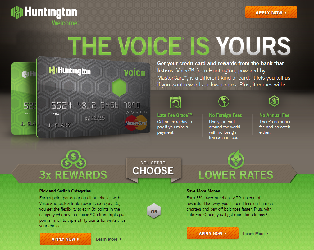 Huntington Voice credit card offers choice of rewards or lower interest rate