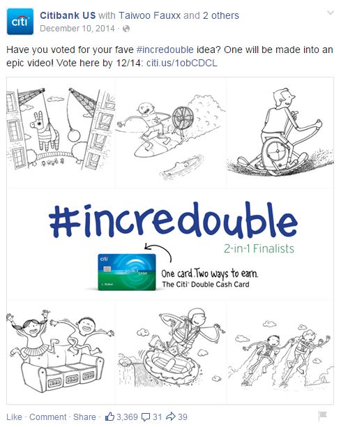 Facebook voting for #incredouble social promotion for Citi Double Cash Card