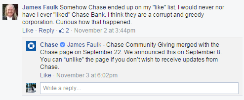 Chase Facebook page consolidation