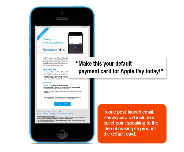 Email urges Barclaycard consumers to make its product the Apple Pay default card