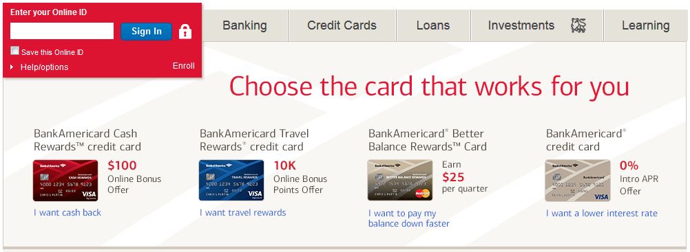 Credit card selector from Bank of America