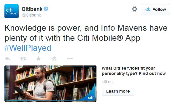 Citibank tweets with personality about its credit card selector