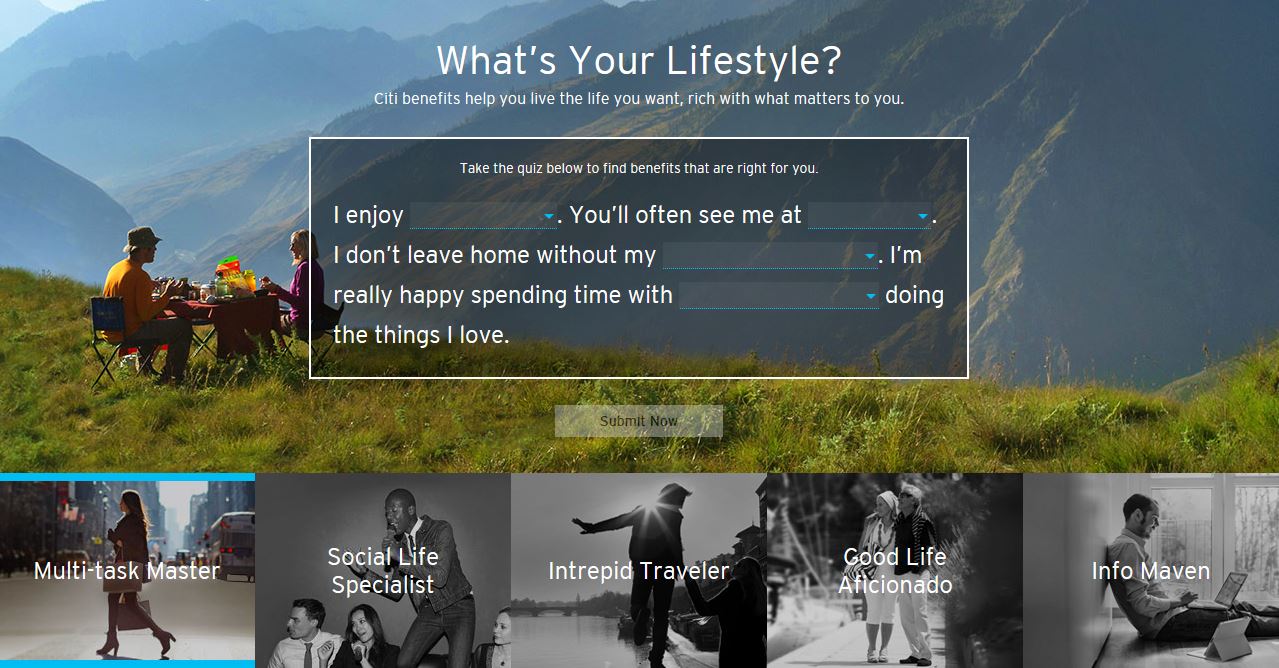 Citibank uses a lifestyle quiz to make its credit card selector more engaging