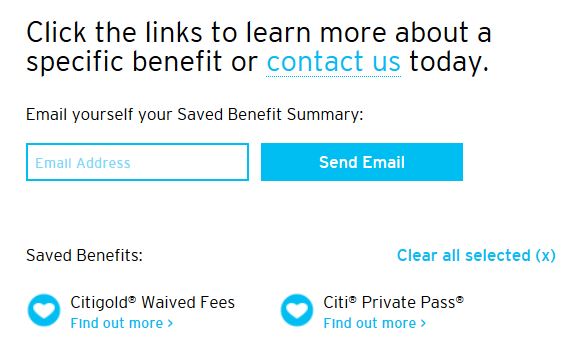 Citibank lets users email themselves a summary of desired card features and services