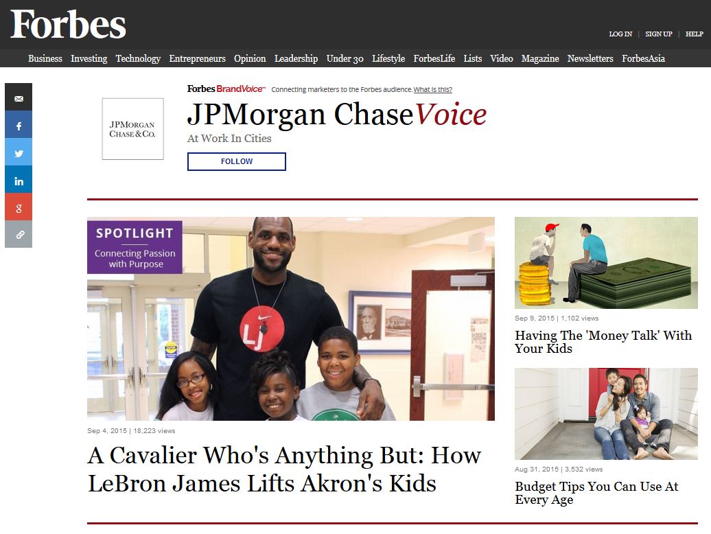 JPMorgan Chase publishes content at a Forbes brand hub