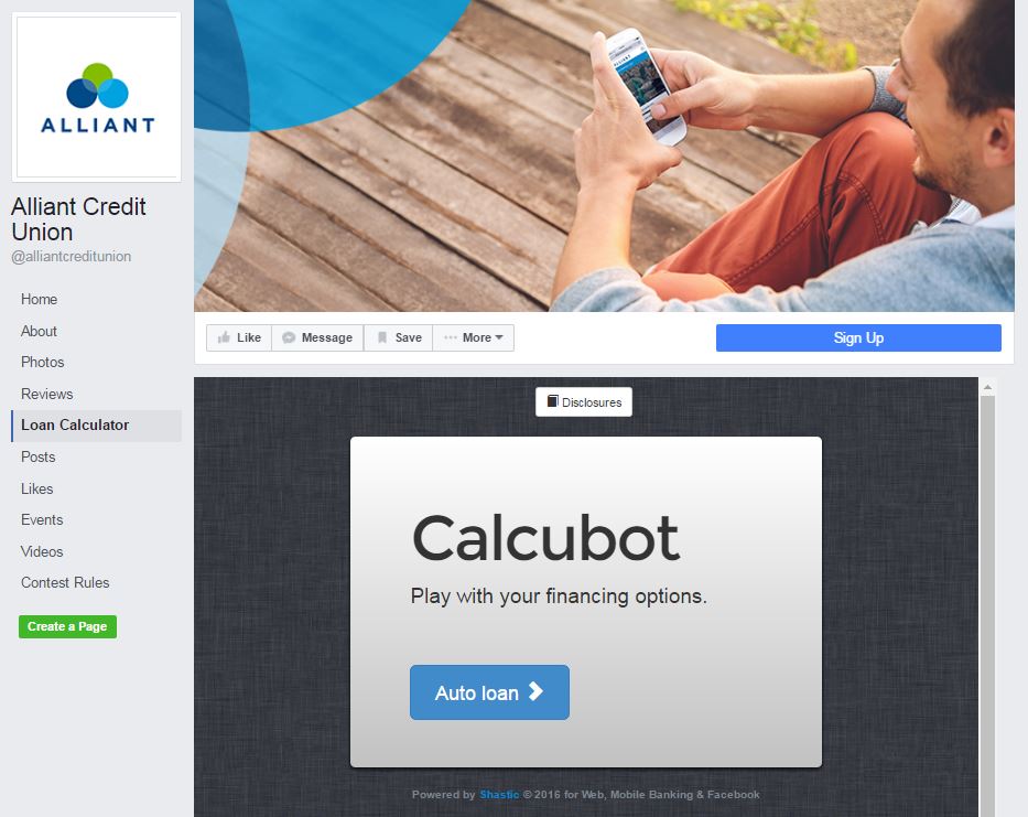Alliant Credit Union's Facebook tabs include loan calculator
