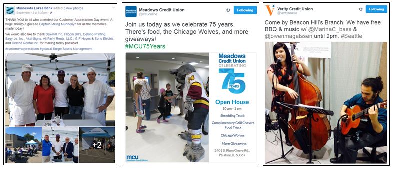 Celebration examples from Minnesota Lakes Bank, Meadows Credit Union and Verity Credit Union