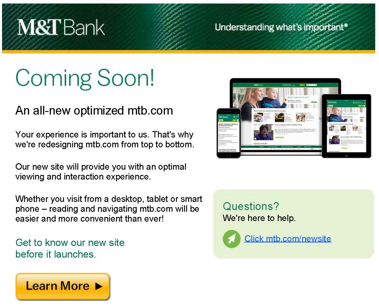 Bank email to customers promote new online experience