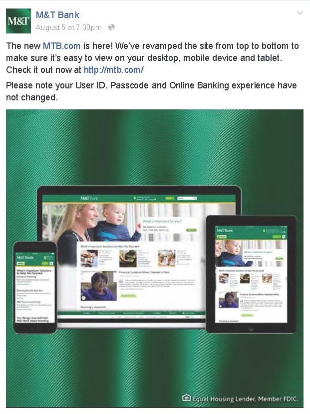 Bank Facebook post promotes re-launch of website