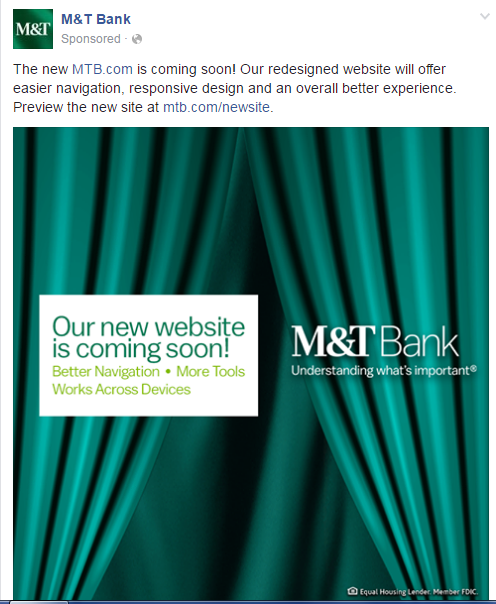 M&T Facebook post prepares customers for new web experience