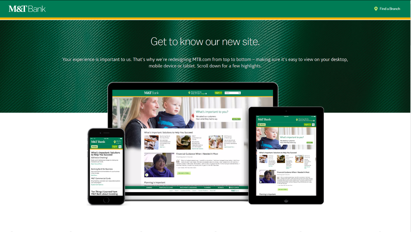 M&T Bank landing page explains how responsive design enhances customer experience