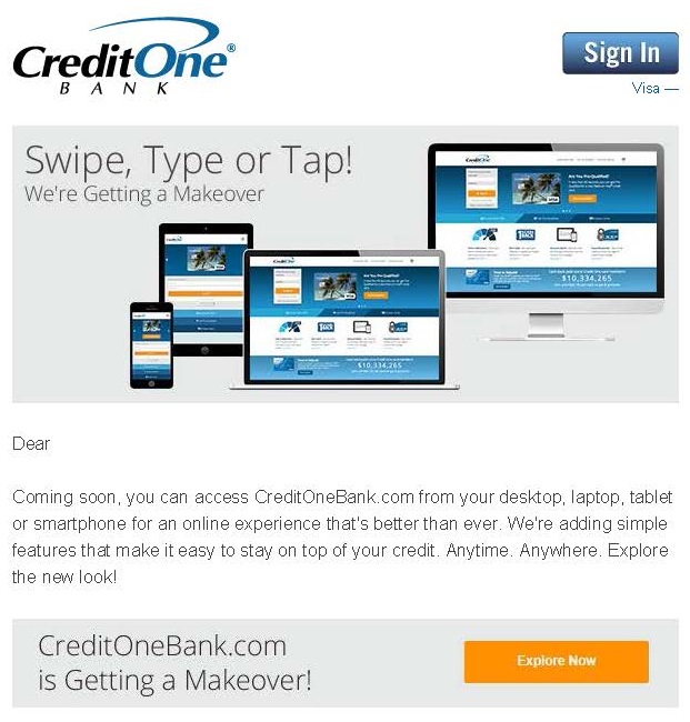 CreditOne Bank customer email announcing website relaunch