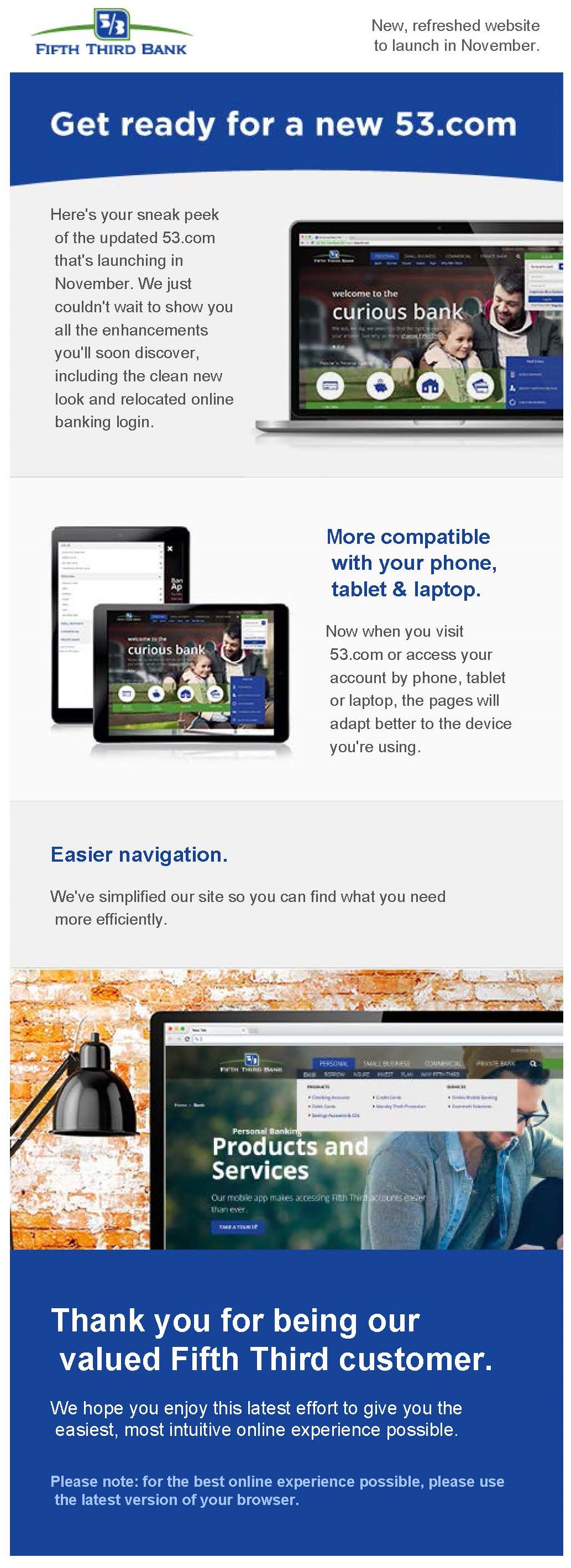 Fifth Third customer email promoting new website