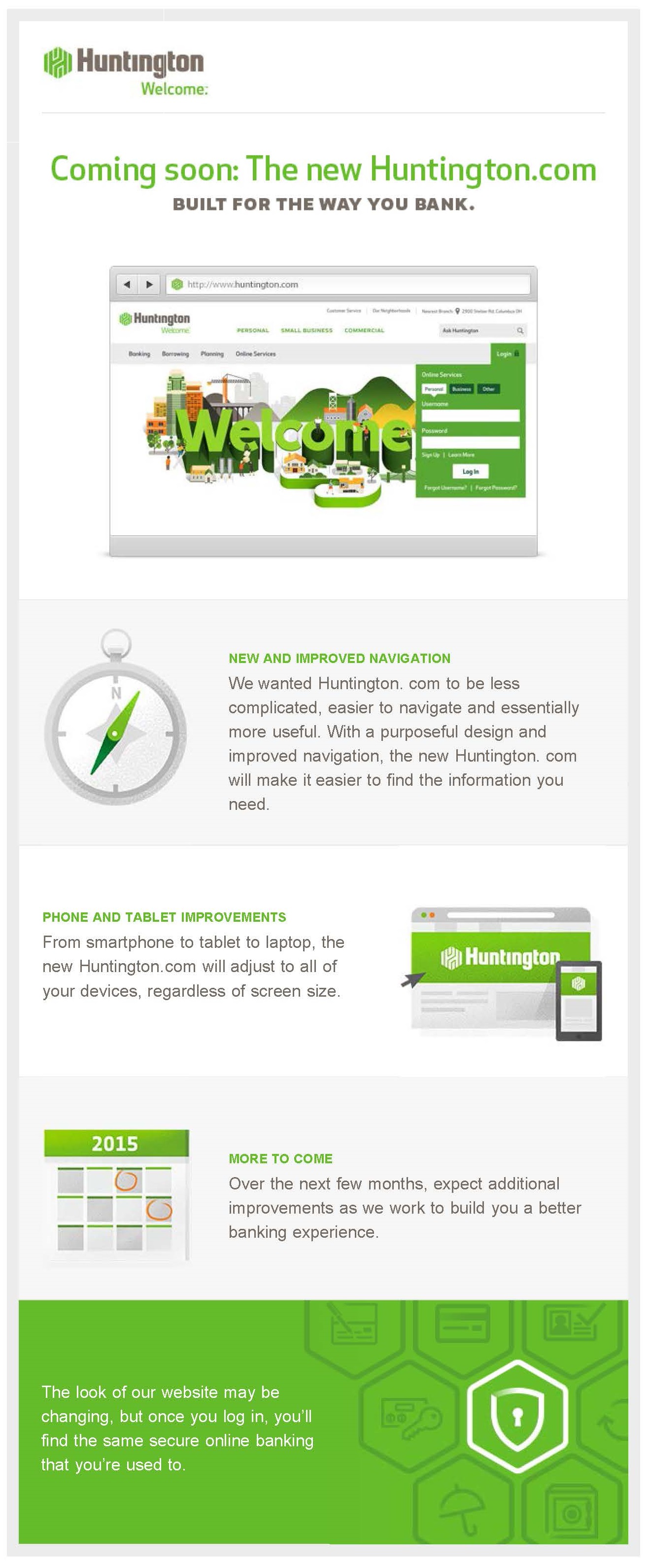 Huntington Bank customer email describing new web experience