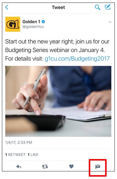 Golden 1 Creditu Union tweet shows mobile messaging function