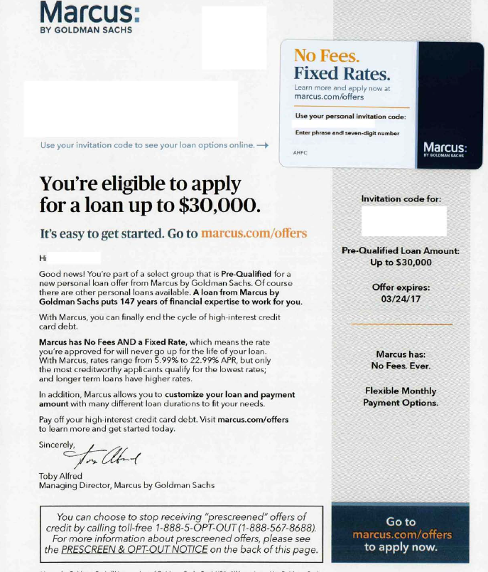 Direct mail piece pitching Marcus personal loan from Goldman Sachs