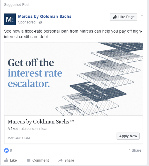 Facebook ad sponsored by Goldman Sachs for its Marcus personal loan