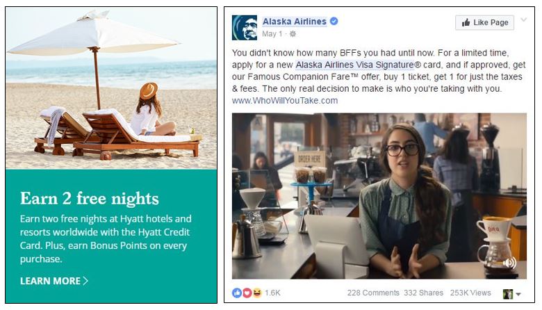 Hyatt web marketing for 2-night offer, Alaska Airlines Facebook ad for companion ticket