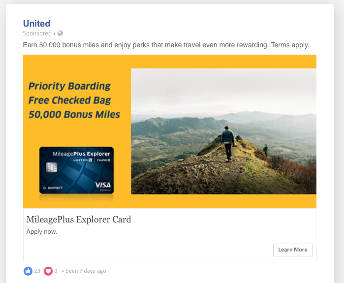 Facebook ad for United travel rewards credit card offer