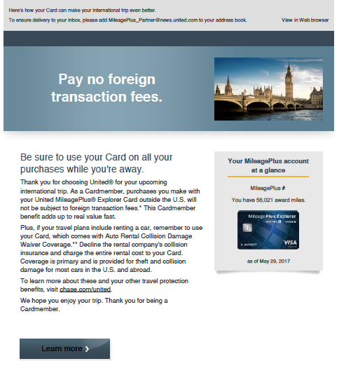 Email marketing for United offer related to foreign transaction fees