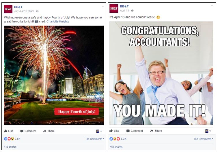 BB&T Facebook posts with higher than average social engagement