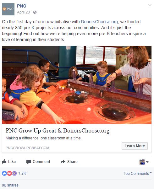 PNC Facebook post on charitable giving efforts