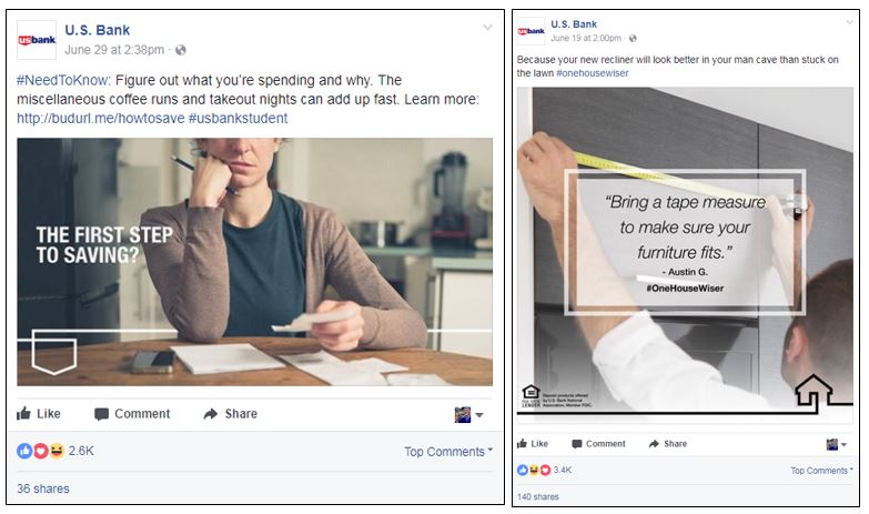 U.S. Bank Facebook posts with money tips and user generated advice