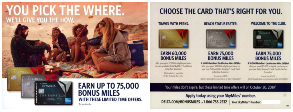 Direct mail piece with bonus miles offer from the updated Delta-Amex co-brand credit card line-up.