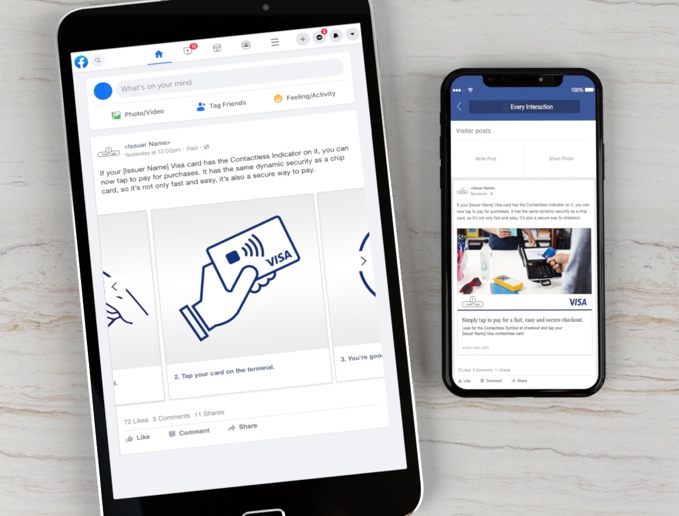 Visa Facebook social displayed on a tablet and an Iphone