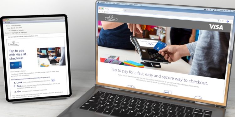 Visa Contactless email displayed on a tablet and Visa Contactless landing page displayed on laptop