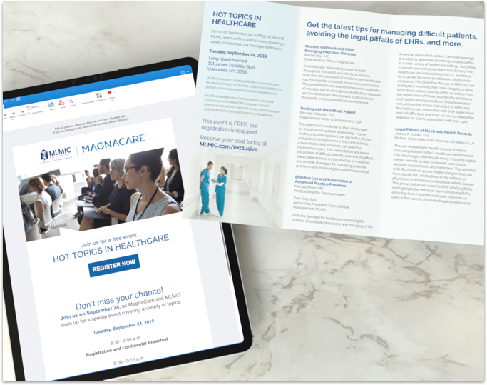 MLMIC-Magnacare event registration email displayed on a tablet with an opened informational brochure about the same event promoting healthcare partnership