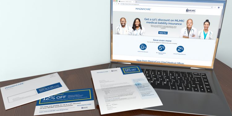 MLMIC-Magnacare landing page displayed on a laptop with an informational letter and postcard promoting healthcare partnership