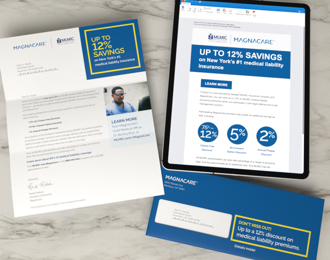 MLMIC-Magnacare email displayed on an Iphone with informational letter and corresponding envelope for healthcare partnership