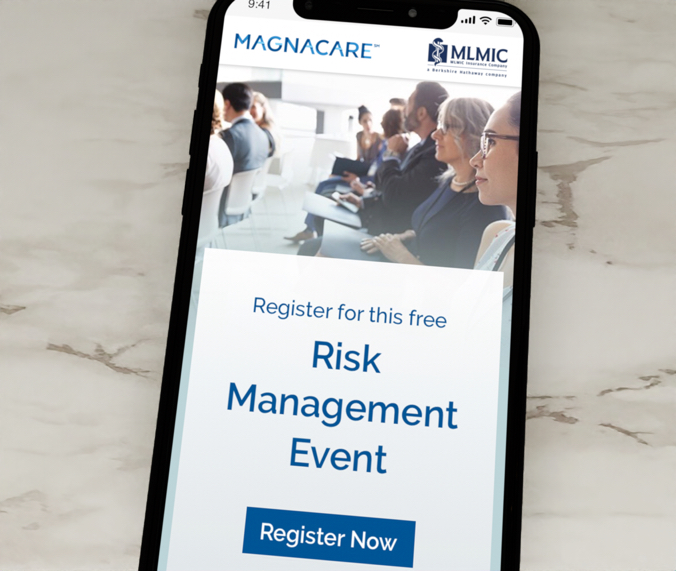 MLMIC-Magnacare risk management event email promoting healthcare partnership displayed on iPhone