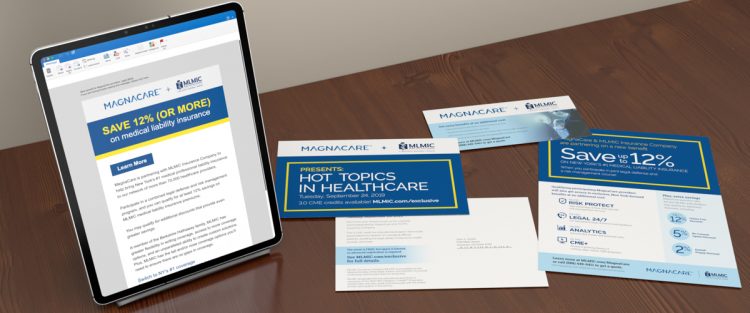 MLMIC-Magnacare email shown on ipad with informational flyer, postcard and buckslip promoting healthcare partnership