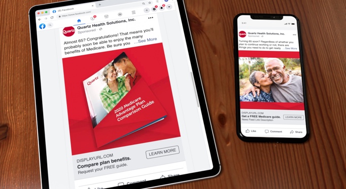 Tablet and Iphone side by side both showing different Quartz Facebook ads with information on five star Medicare Advantage plans