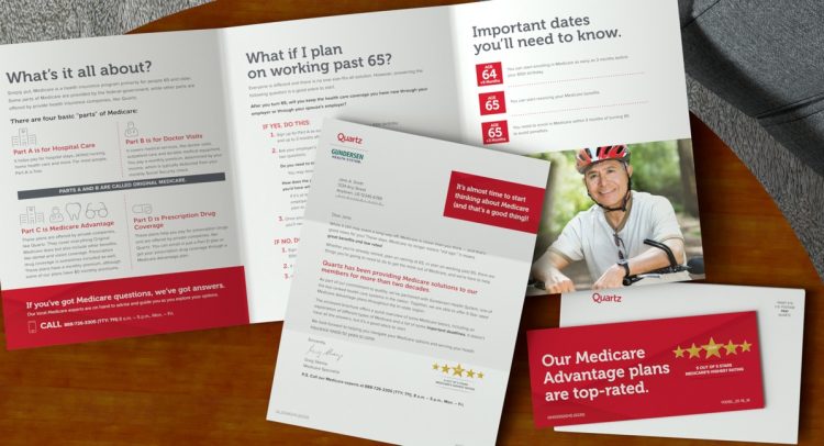 Opened Quartz information guide with letter, buckslip and envelope handouts with information on five-star Medicare plans