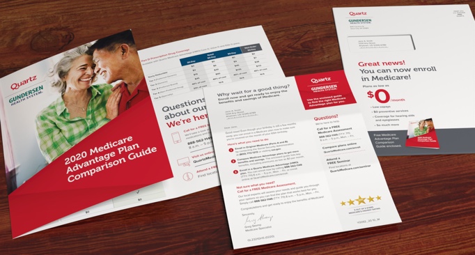 Quartz letter, envelope and brochure on wooden tabletop promoting information on five-star Medicare plans