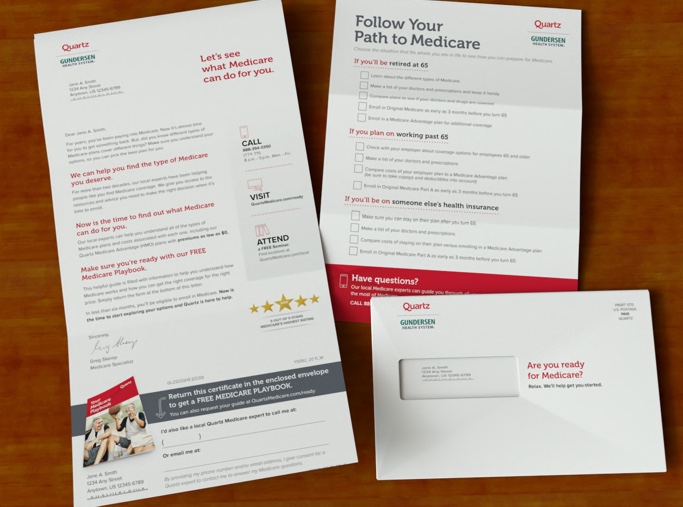 Quartz letter, one sheet and envelope on wooden tabletop promoting information on five-star Medicare plans