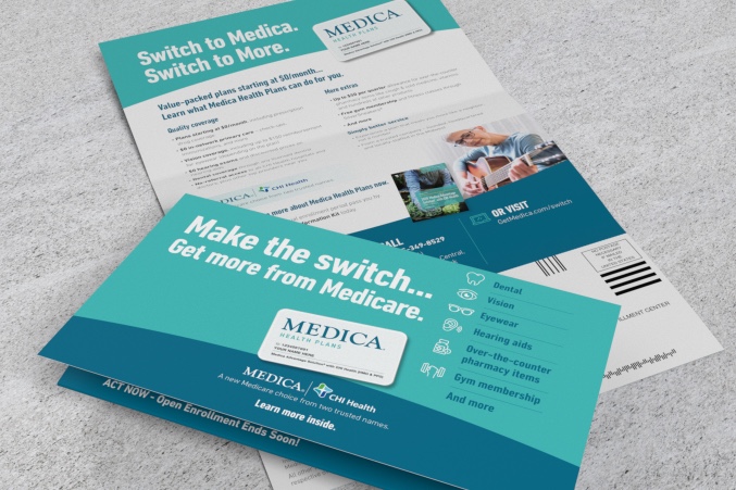 Opened Medica self mailer, with folded self mailer on top to display the other side