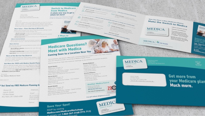 Medica letter, one sheet and opened brochure with corresponding envelope