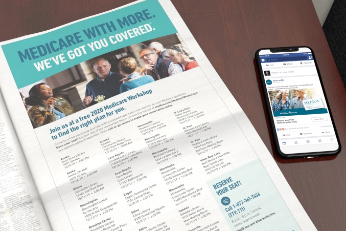 Medica newspaper print ad with an iPhone displaying a Medica Facebook social post