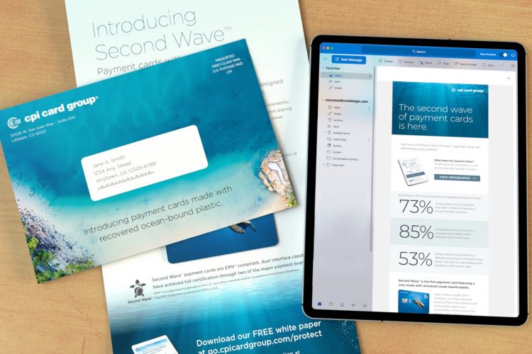 An open CPI direct mailer with corresponding envelope, lying next to a CPI Second Wave email displayed on an Ipad