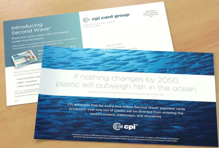 Front and back of a CPI direct mail postcard on wooden table top