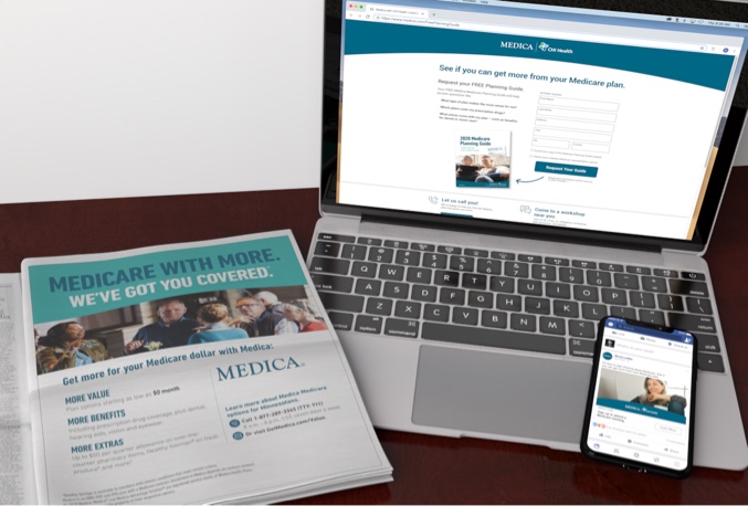 A Medica newspaper print ad, lying next to an open laptop displaying a Medica landing Page as well as an iPhone with a Medica Facebook social post.